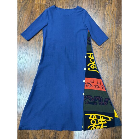 NEW Handmade M/L Blue Boho Chic Maxi Dress Button Detai Patterned Panel Cotton - Picture 7 of 11